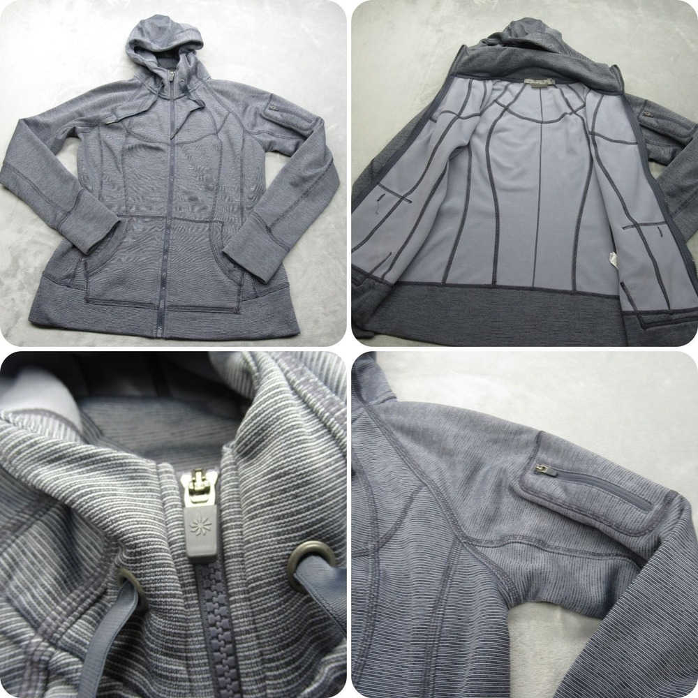 Athleta Jacket Women Medium Gray Striped Full Zip Hoodie Activewear Yoga Running